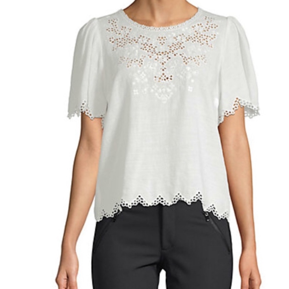 REBECCA TAYLOR AMORA White Embroidered Eyelet Top Blouse